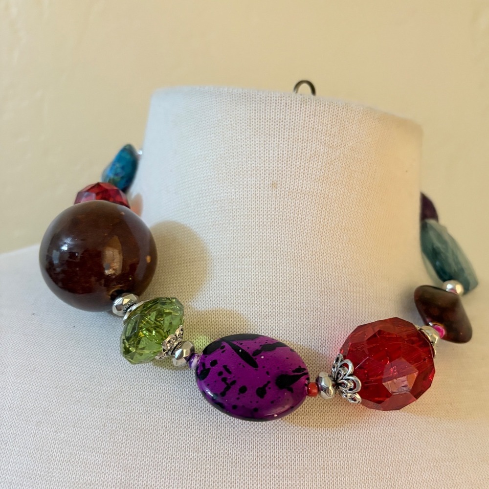 Chunky Multicolor Bead Statement Necklace Adjustable Eclectic Boho Jewel‎ Tone